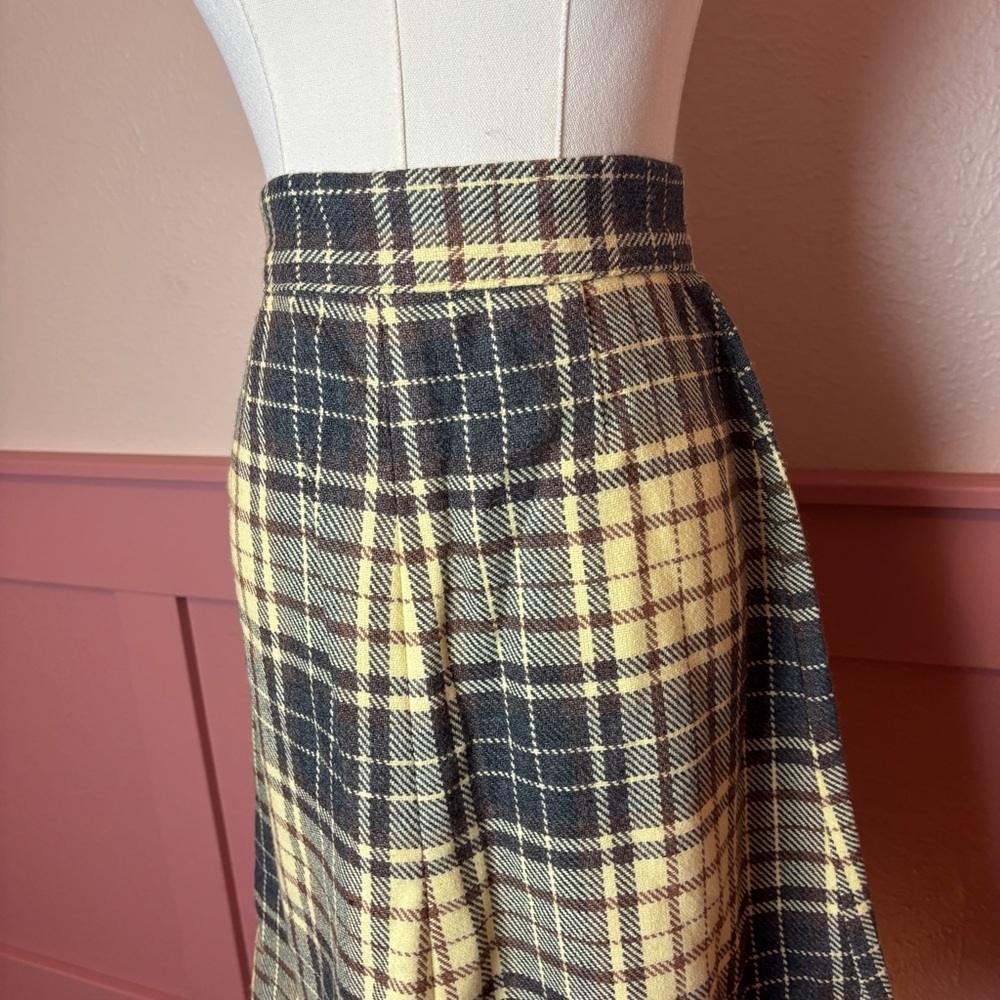 vtg 80s plaid cottage indie high waisted skirt small brown grey cream - Picture 5 of 11